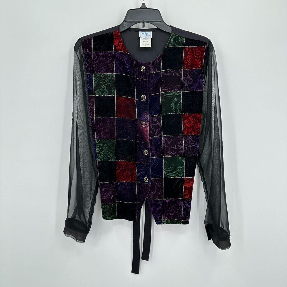 Vtg Bedford Fair Crushed Velvet Jacket Top 12 Black Purple Floral Sheer RenFaire